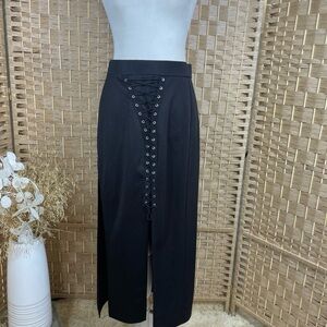 Black Lace-Up Front Midi Skirt